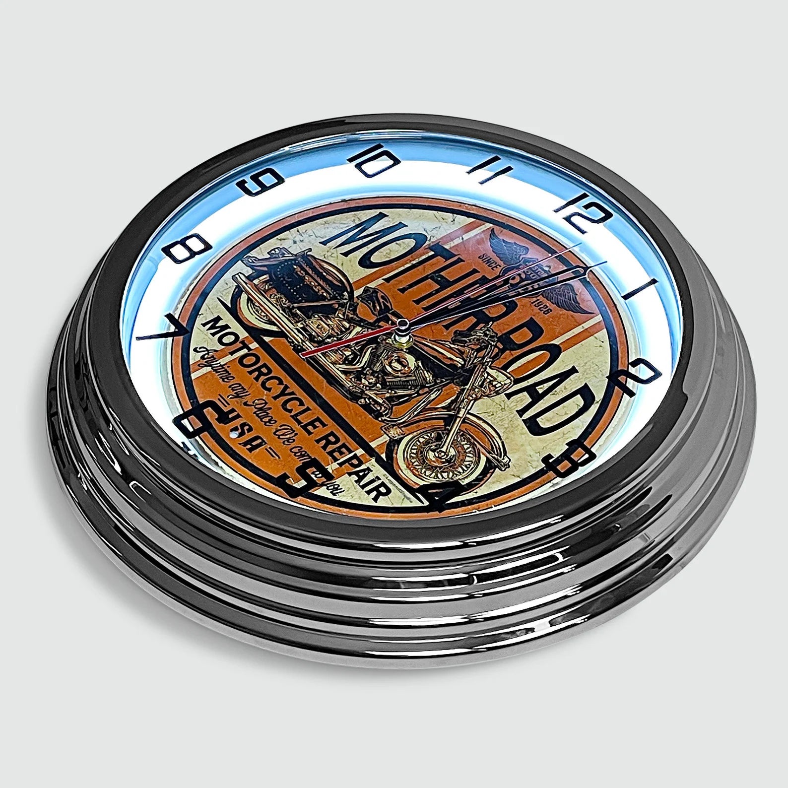 Mother Road Motorcycle Repair - Metal White Neon Clock For the Gear Head Sign Box Co.