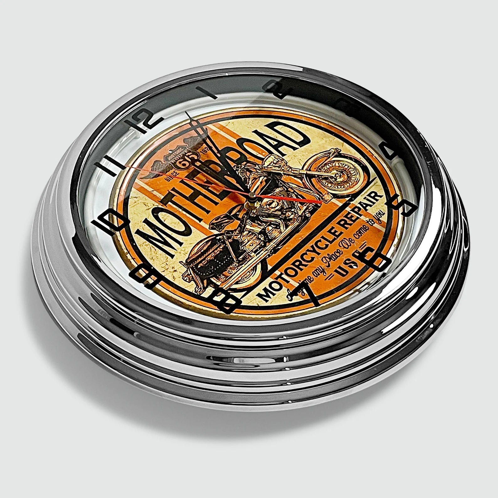 Mother Road Motorcycle Repair - Metal White Neon Clock For the Gear Head Sign Box Co.