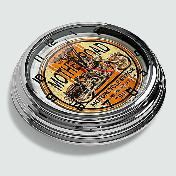 Mother Road Motorcycle Repair - Metal White Neon Clock For the Gear Head Sign Box Co.