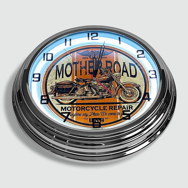 Mother Road Motorcycle Repair - Metal White Neon Clock For the Gear Head Sign Box Co.