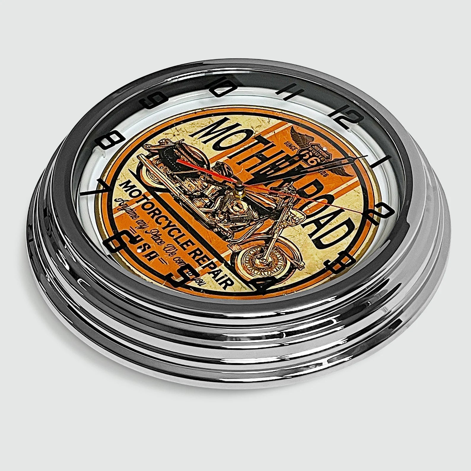 Mother Road Motorcycle Repair - Metal White Neon Clock For the Gear Head Sign Box Co.