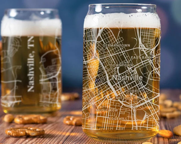 City Map Beer Can Glass - Top 50 US Cities For the Bar Hometown Gifts Nashville TN