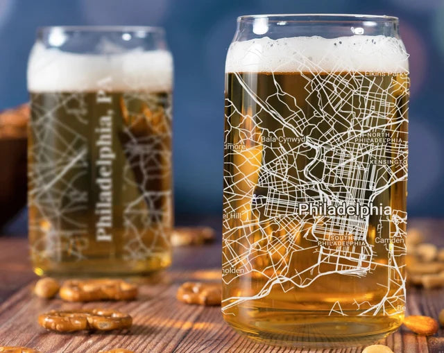 City Map Beer Can Glass - Top 50 US Cities For the Bar Hometown Gifts Philadelphia PA