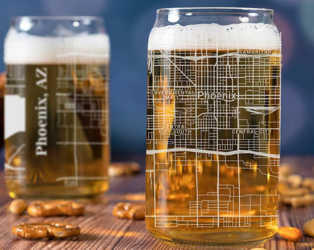 City Map Beer Can Glass - Top 50 US Cities For the Bar Hometown Gifts Phoenix AZ