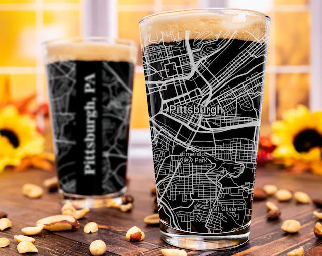 City Map Pint Glass - Top 50 US Cities For the Bar Hometown Gifts Pittsburgh PA