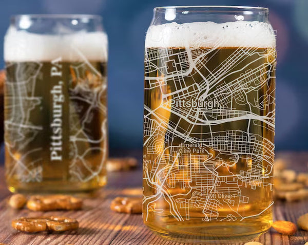 City Map Beer Can Glass - Top 50 US Cities For the Bar Hometown Gifts Pittsburgh PA