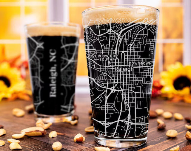 City Map Pint Glass - Top 50 US Cities For the Bar Hometown Gifts Raleigh NC