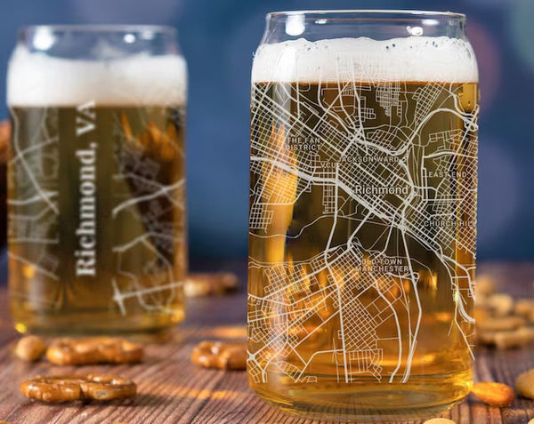 City Map Beer Can Glass - Top 50 US Cities For the Bar Hometown Gifts Richmond VA