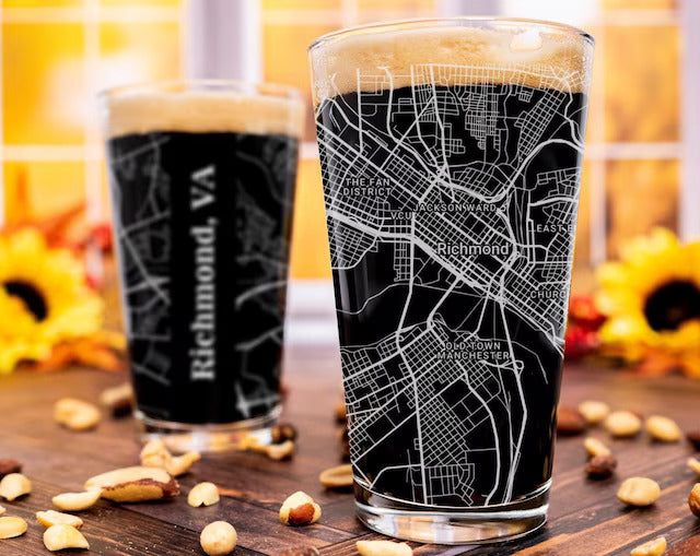 City Map Pint Glass - Top 50 US Cities For the Bar Hometown Gifts Richmond VA