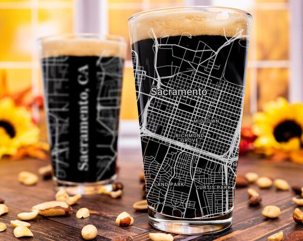 City Map Pint Glass - Top 50 US Cities For the Bar Hometown Gifts Sacramento CA