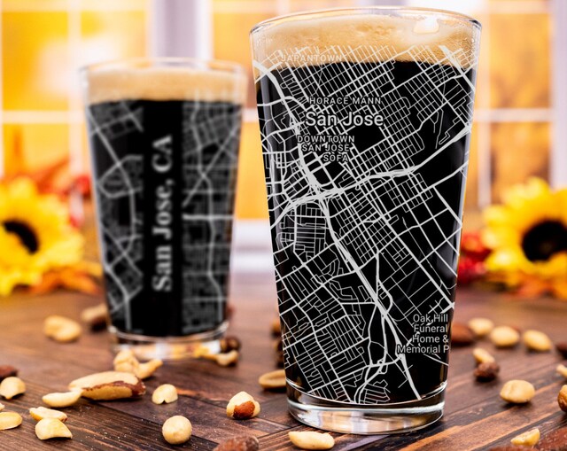City Map Pint Glass - Top 50 US Cities For the Bar Hometown Gifts San Jose CA
