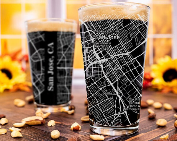 City Map Pint Glass - Top 50 US Cities For the Bar Hometown Gifts San Jose CA