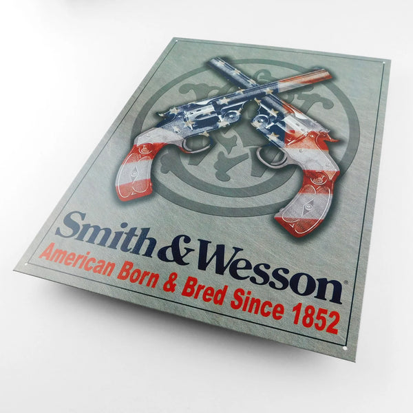 Smith & Wesson 'American Born and Bred' - Tin Metal Sign For the Man Cave Sign Box Co.