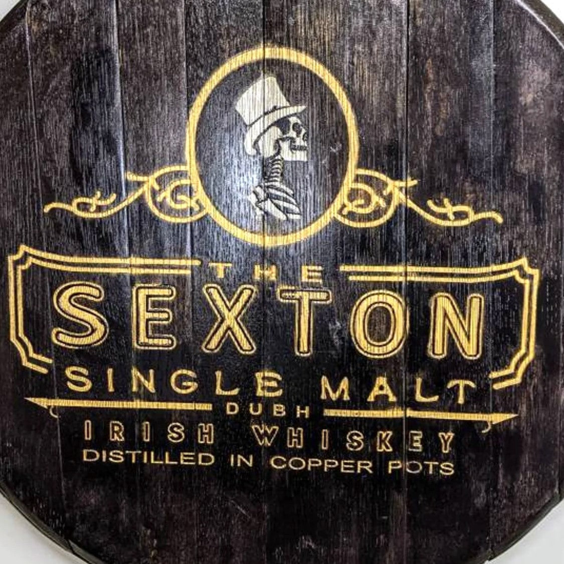 The Sexton Irish Whiskey Barrel Top - Wall Hanging For the Man Cave Gambill Woodworking