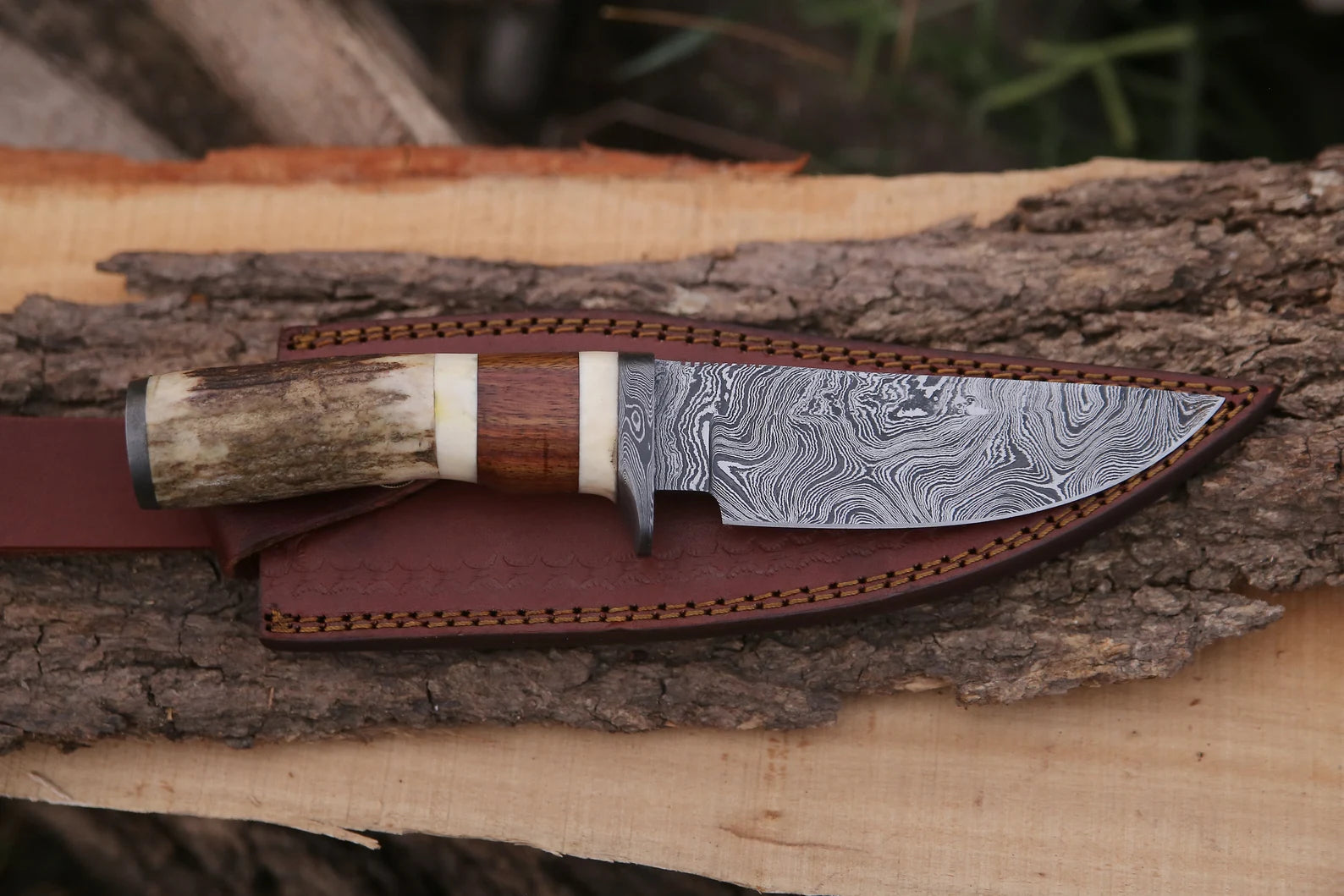 Skinner Knife - Damascus Steel – Stag Handle For the Outdoorsman Orklo Knives
