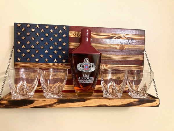 Whiskey Bottle Rack - Blue with Red Stripes and Burnt Wood For the Bar 13 Stripes