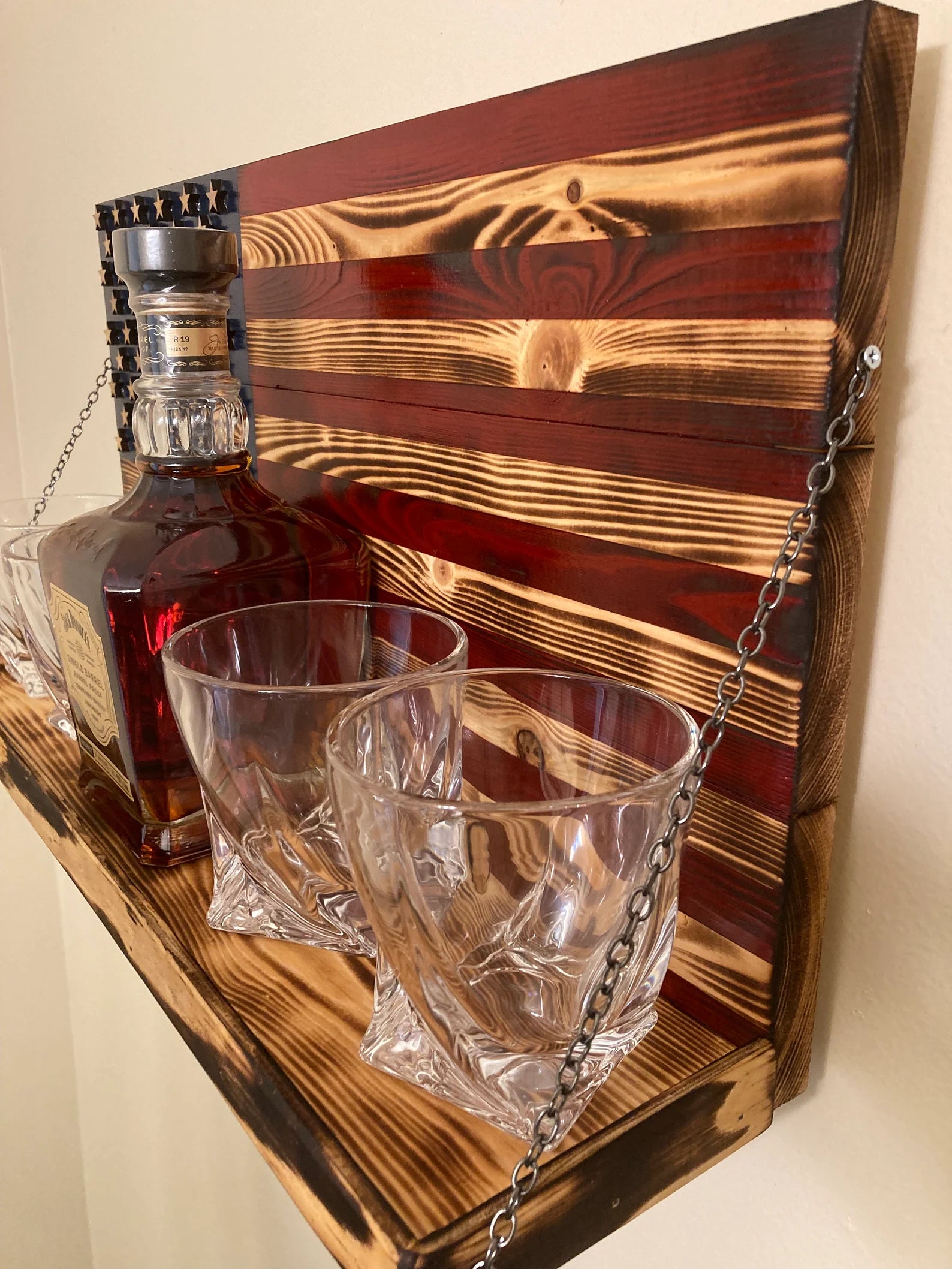 Whiskey Bottle Rack - Blue with Red Stripes and Burnt Wood For the Bar 13 Stripes
