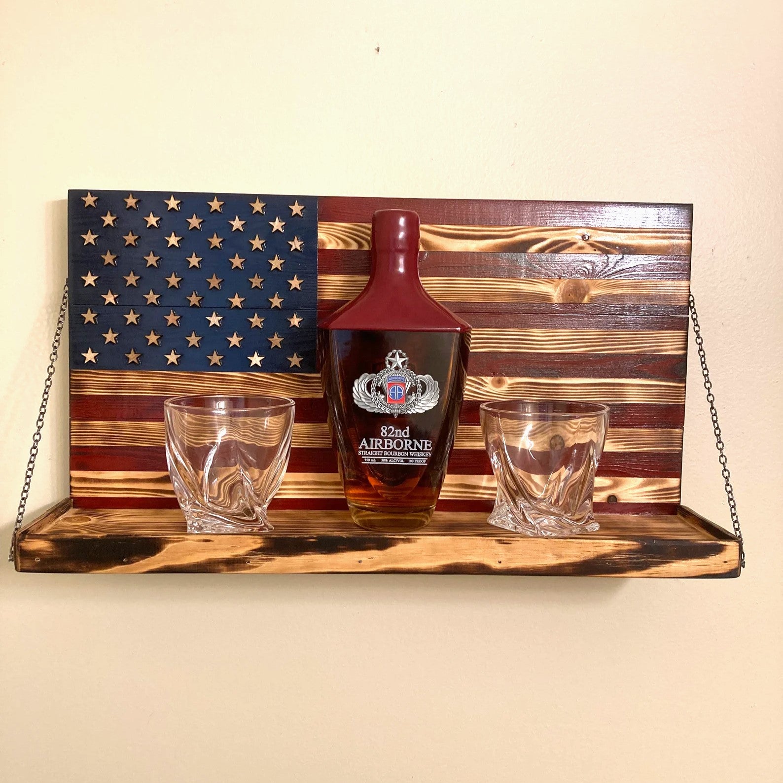 Whiskey Bottle Rack - Blue with Red Stripes and Burnt Wood For the Bar 13 Stripes