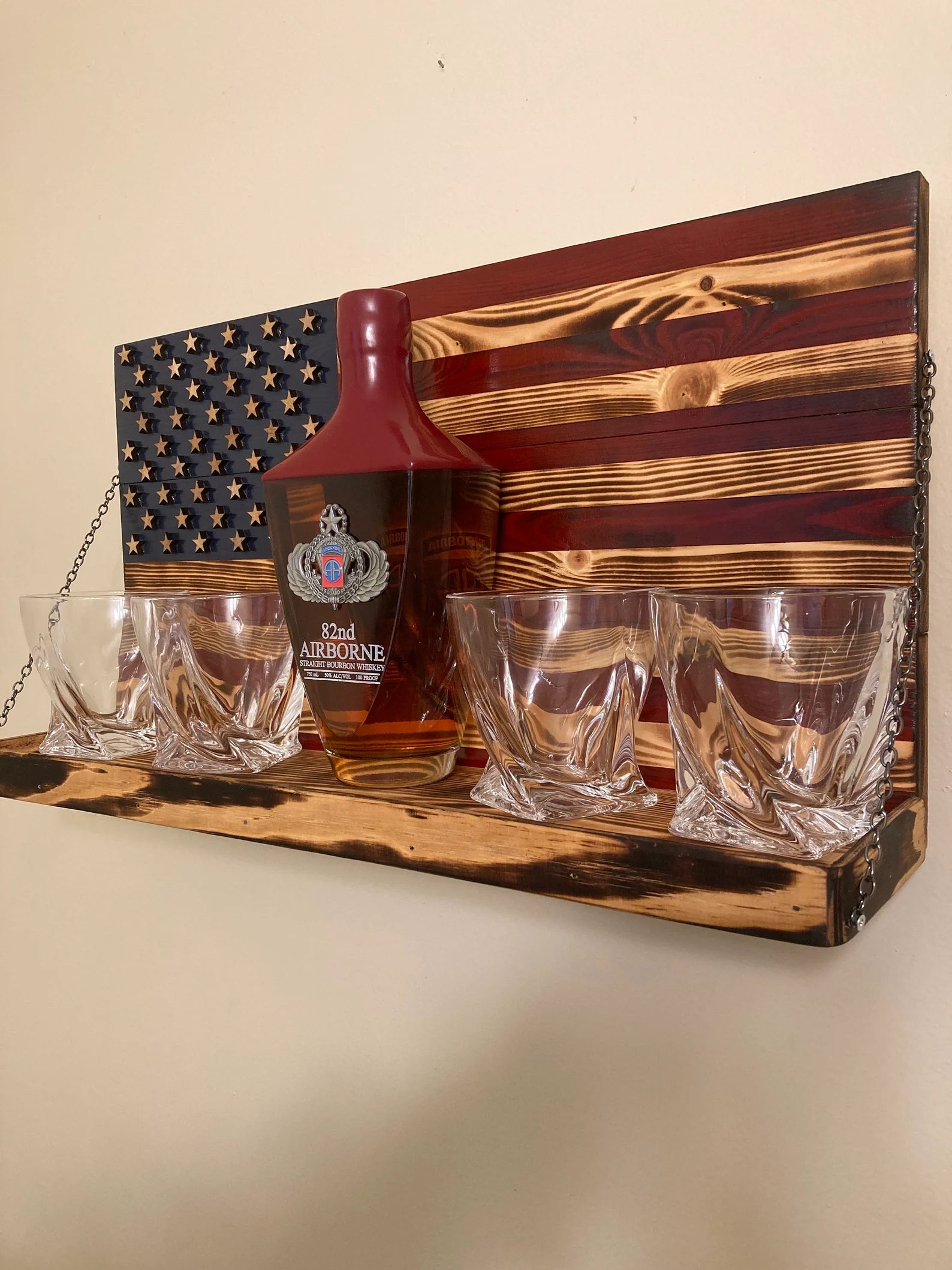 Whiskey Bottle Rack - Blue with Red Stripes and Burnt Wood For the Bar 13 Stripes