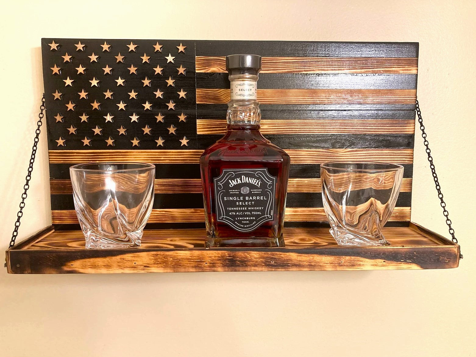 Whiskey Bottle Rack - Black and Burnt Wood For the Bar 13 Stripes