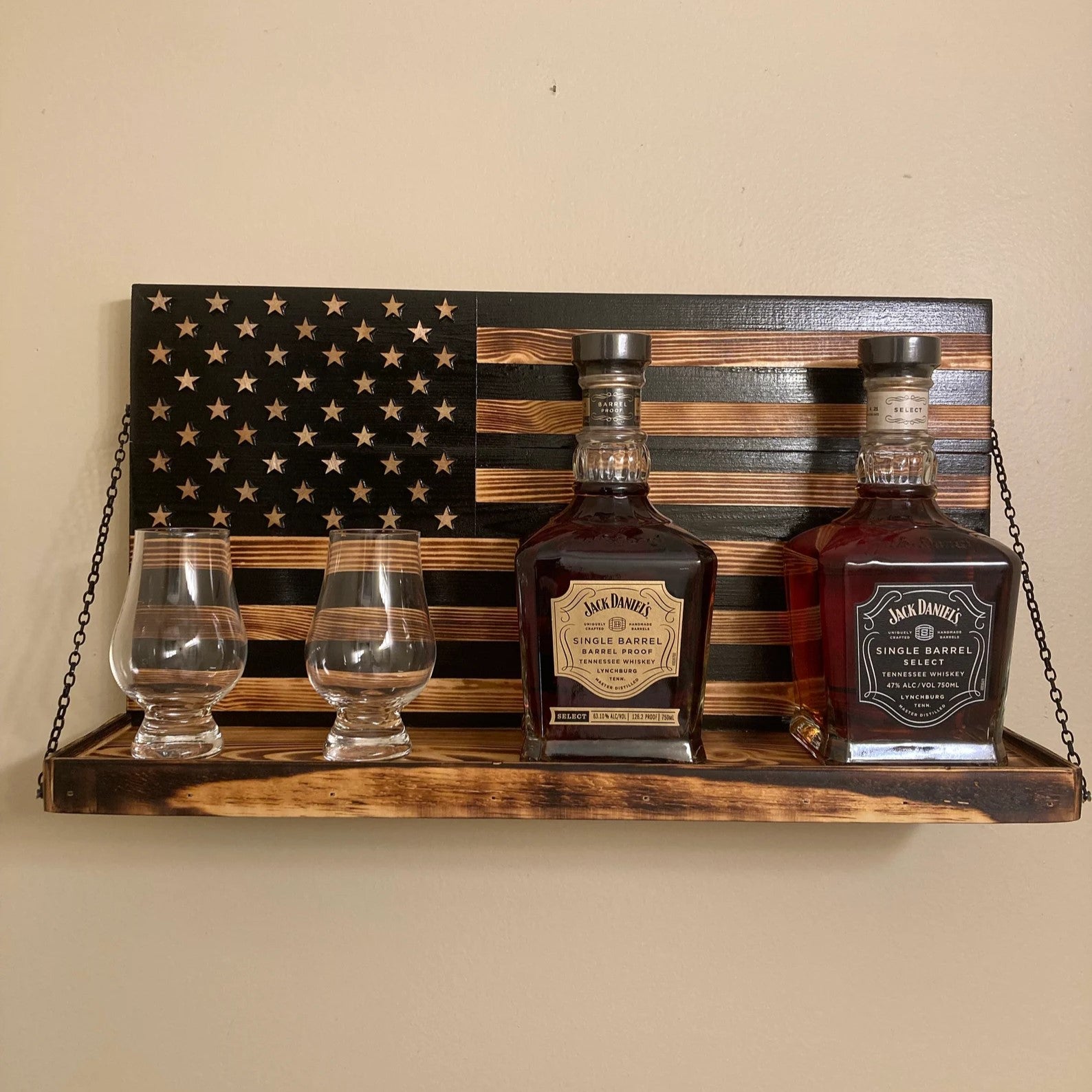 Whiskey Bottle Rack - Black and Burnt Wood For the Bar 13 Stripes