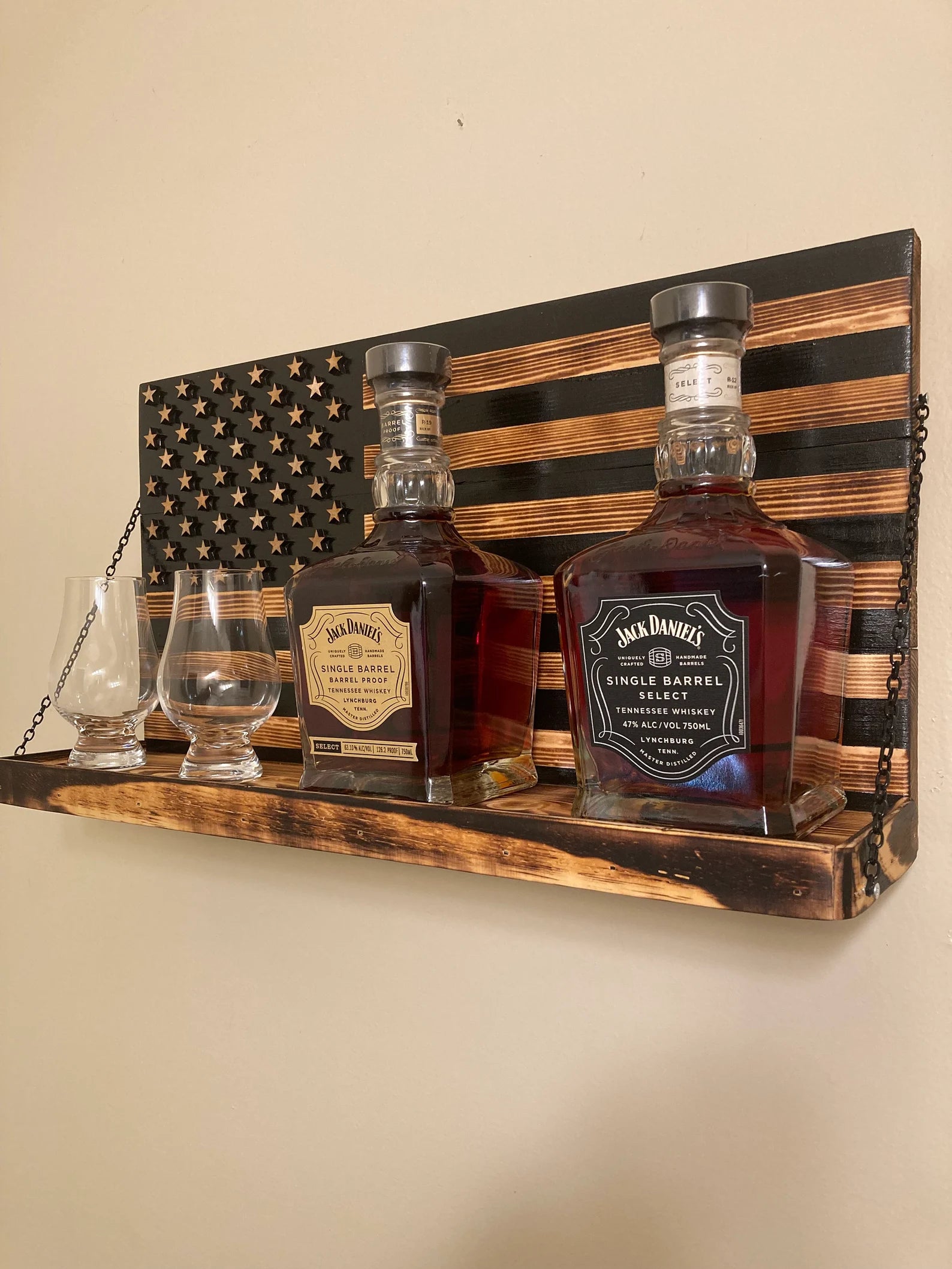 Whiskey Bottle Rack - Black and Burnt Wood For the Bar 13 Stripes