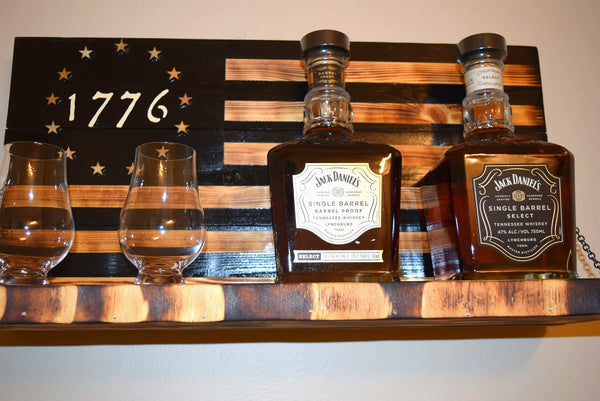 Whiskey Bottle Rack - 1776 Black and Burnt Wood For the Bar 13 Stripes