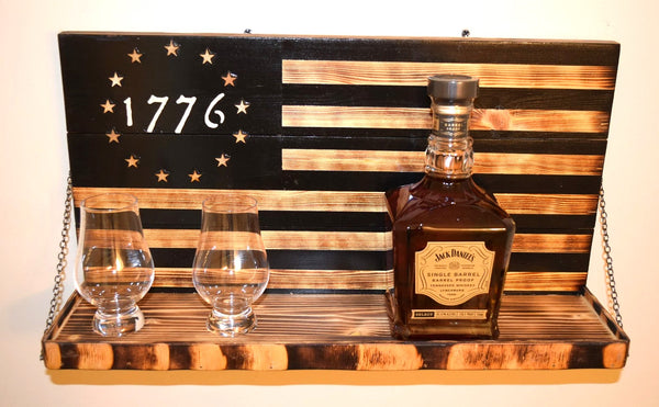 Whiskey Bottle Rack - 1776 Black and Burnt Wood For the Bar 13 Stripes