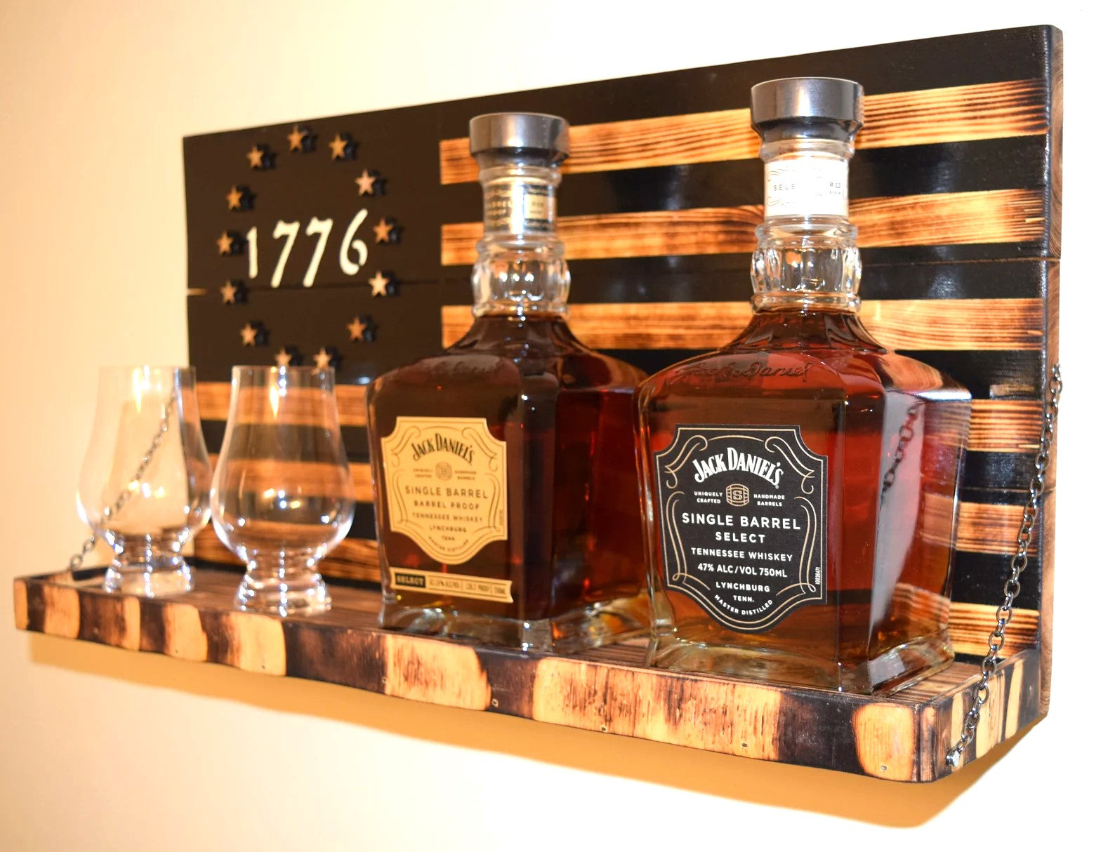 Whiskey Bottle Rack - 1776 Black and Burnt Wood For the Bar 13 Stripes
