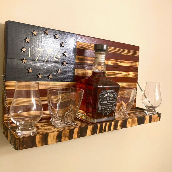 Whiskey Bottle Rack - 1776 Blue with Red Stripes and Burnt Wood For the Bar 13 Stripes