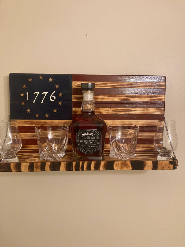 Whiskey Bottle Rack - 1776 Blue with Red Stripes and Burnt Wood For the Bar 13 Stripes