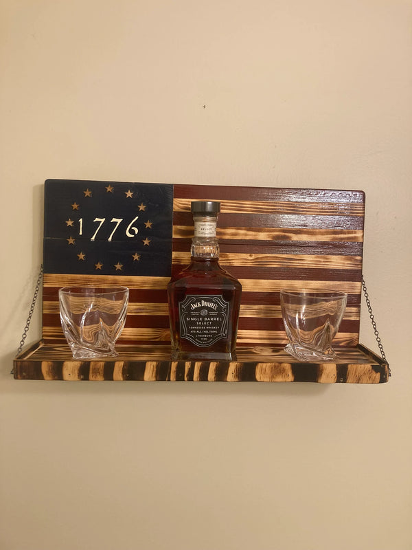 Whiskey Bottle Rack - 1776 Blue with Red Stripes and Burnt Wood For the Bar 13 Stripes