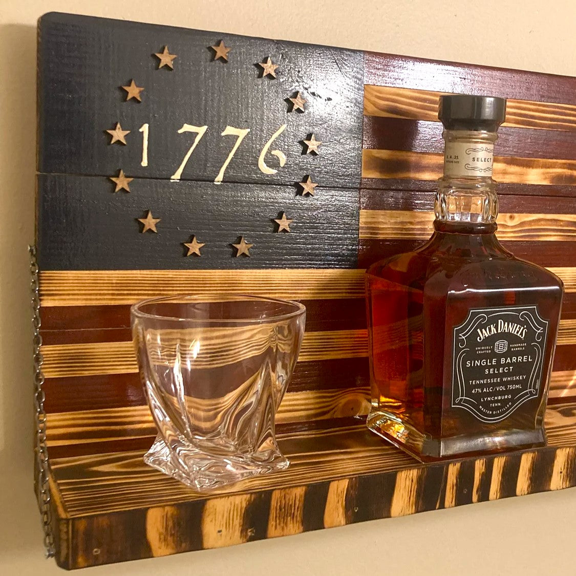 Whiskey Bottle Rack - 1776 Blue with Red Stripes and Burnt Wood For the Bar 13 Stripes