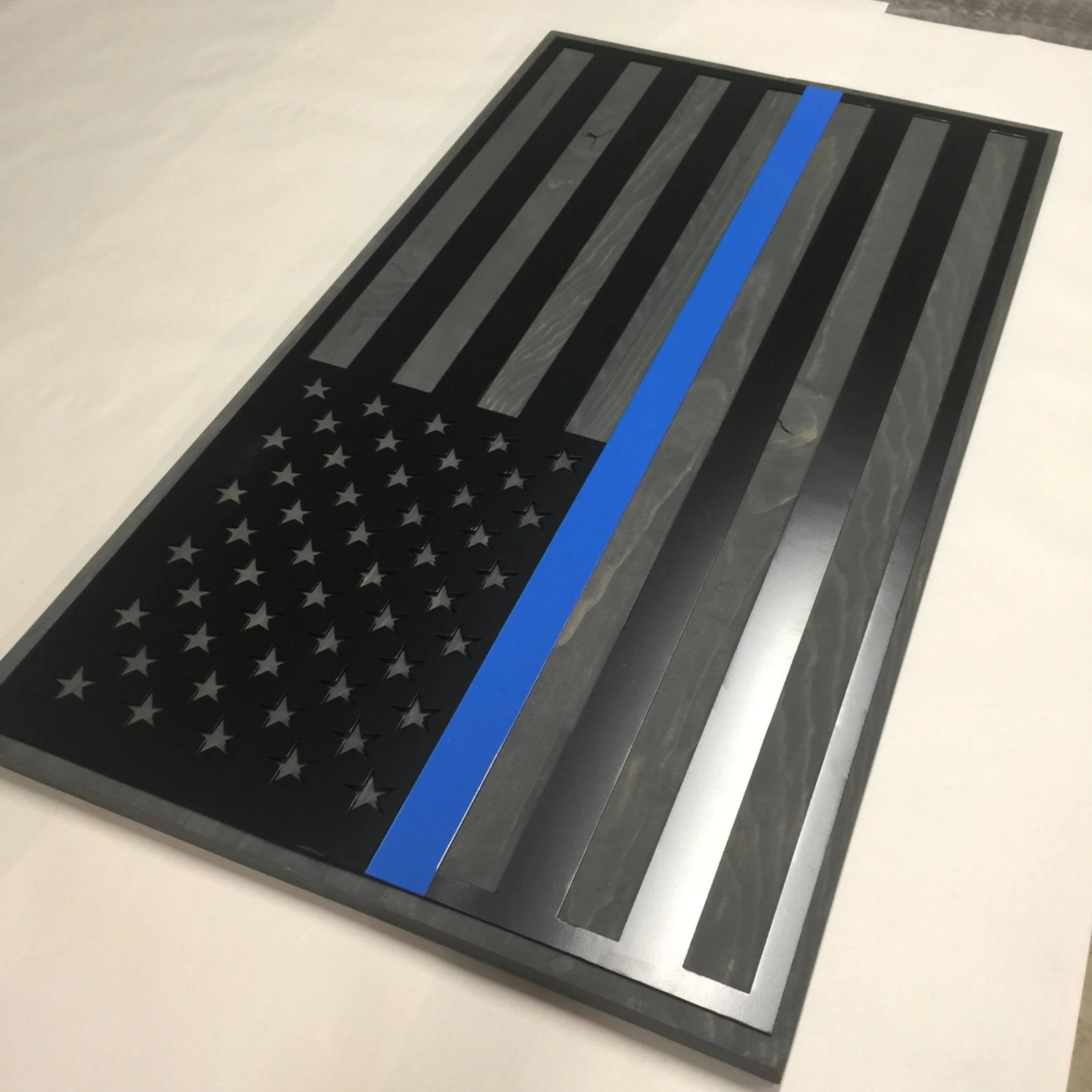 Metal American Flag on Gray Wood - Thin Blue Line For the Man Cave McCurdy Woodworking