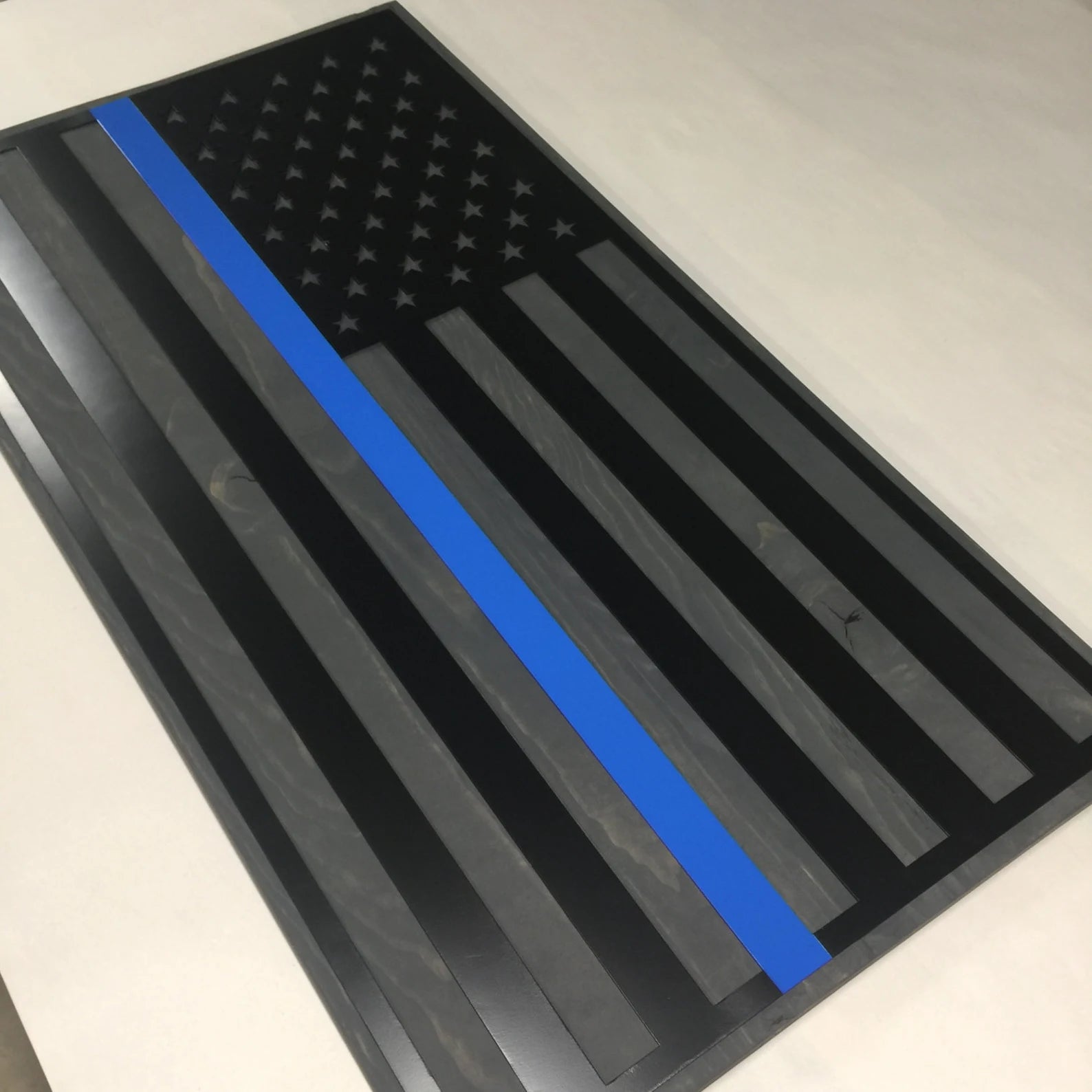 Metal American Flag on Gray Wood - Thin Blue Line For the Man Cave McCurdy Woodworking