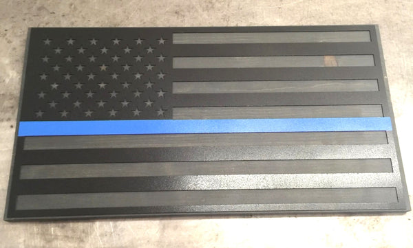Metal American Flag on Gray Wood - Thin Blue Line For the Man Cave McCurdy Woodworking