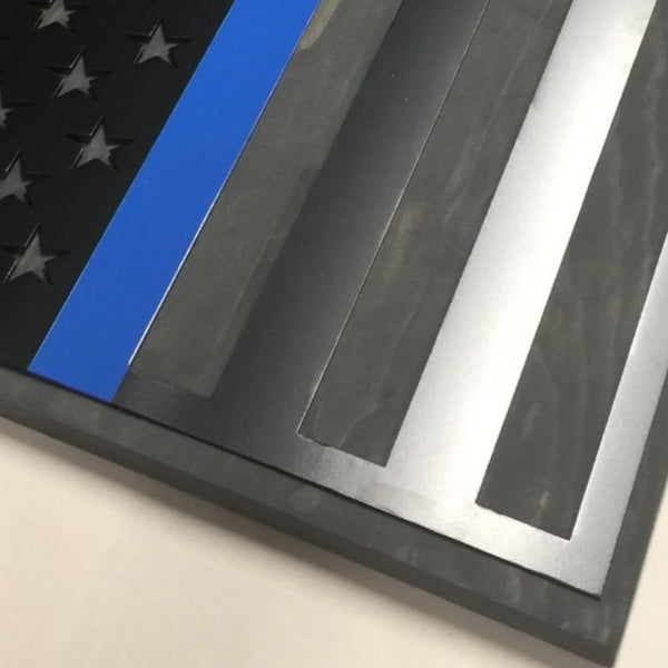 Metal American Flag on Gray Wood - Thin Blue Line For the Man Cave McCurdy Woodworking