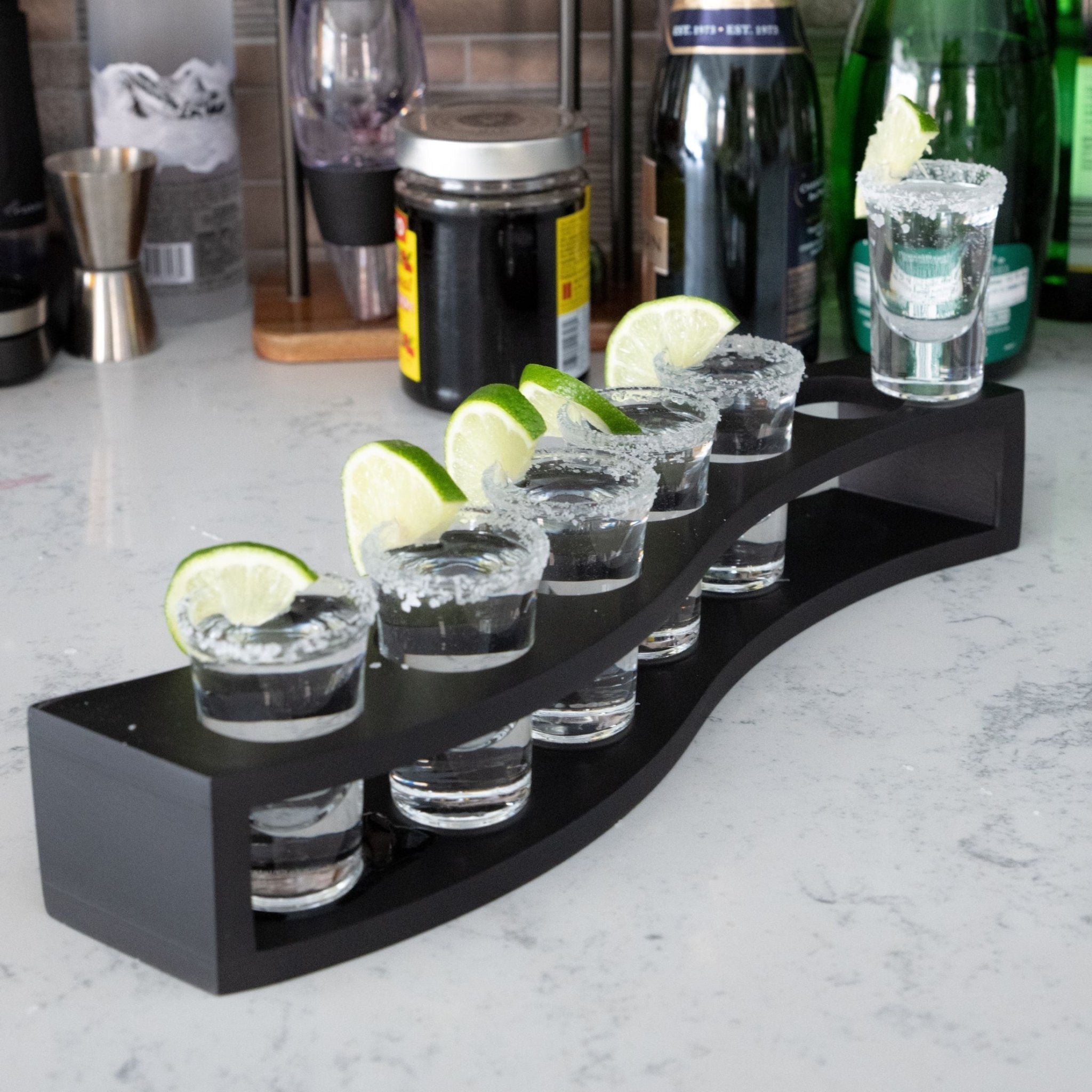 Tequila Flight Shot Glasses with Wood Layered Base - Set of 6 For the Bar Lemonsoda