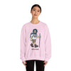Light pink crewneck sweatshirt with cartoon hiker character graphic on front