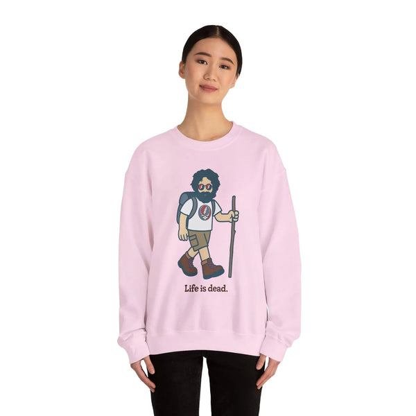 Light pink crewneck sweatshirt with cartoon hiker character graphic on front