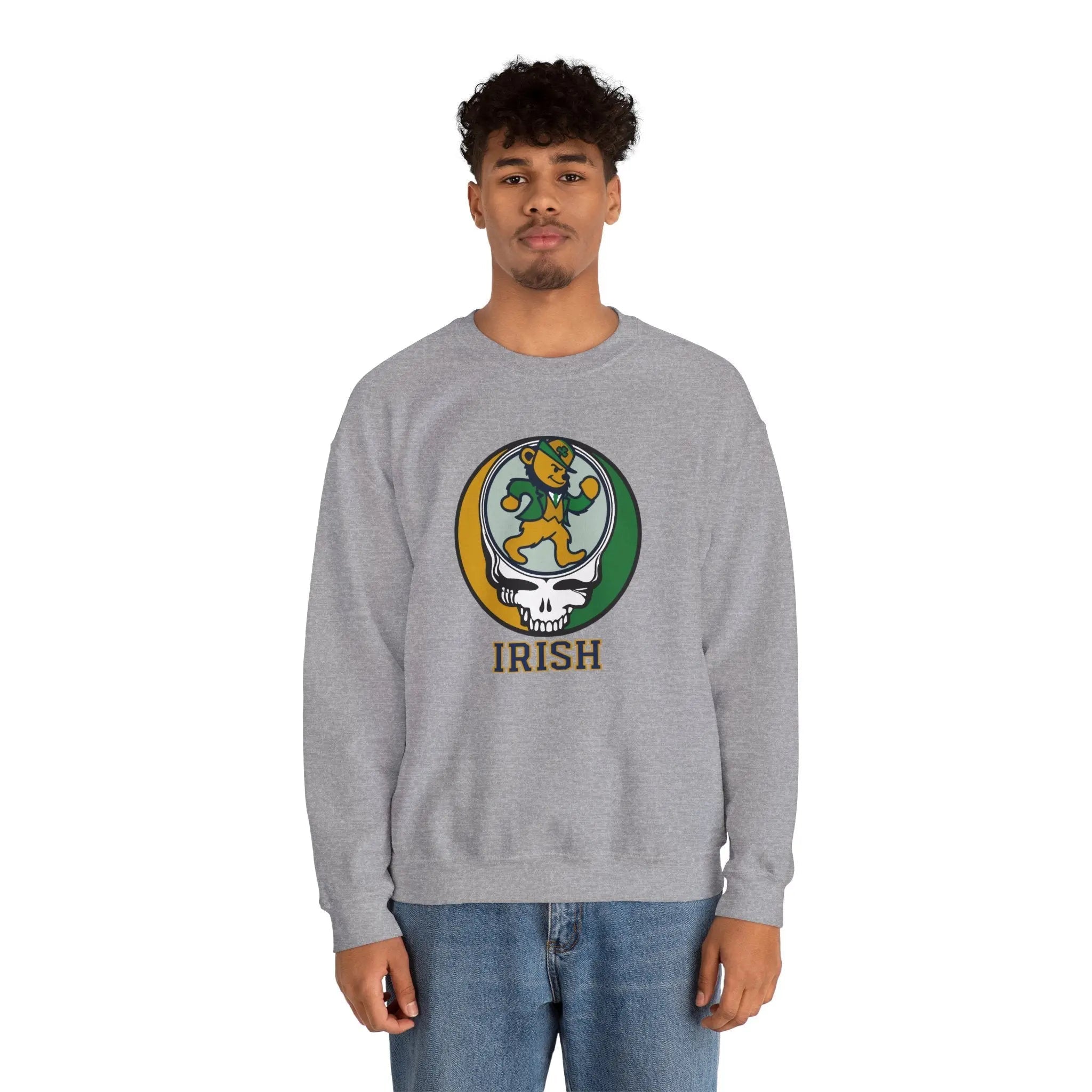 Sport gray crewneck sweatshirt with leprechaun Irish graphic, long sleeves