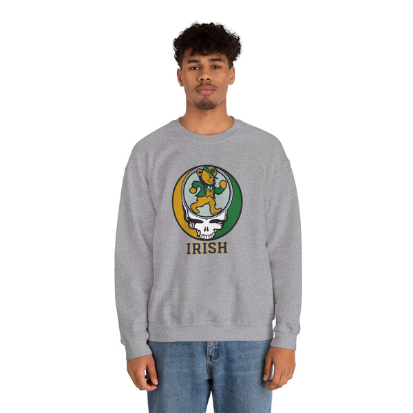 Sport gray crewneck sweatshirt with leprechaun Irish graphic, long sleeves