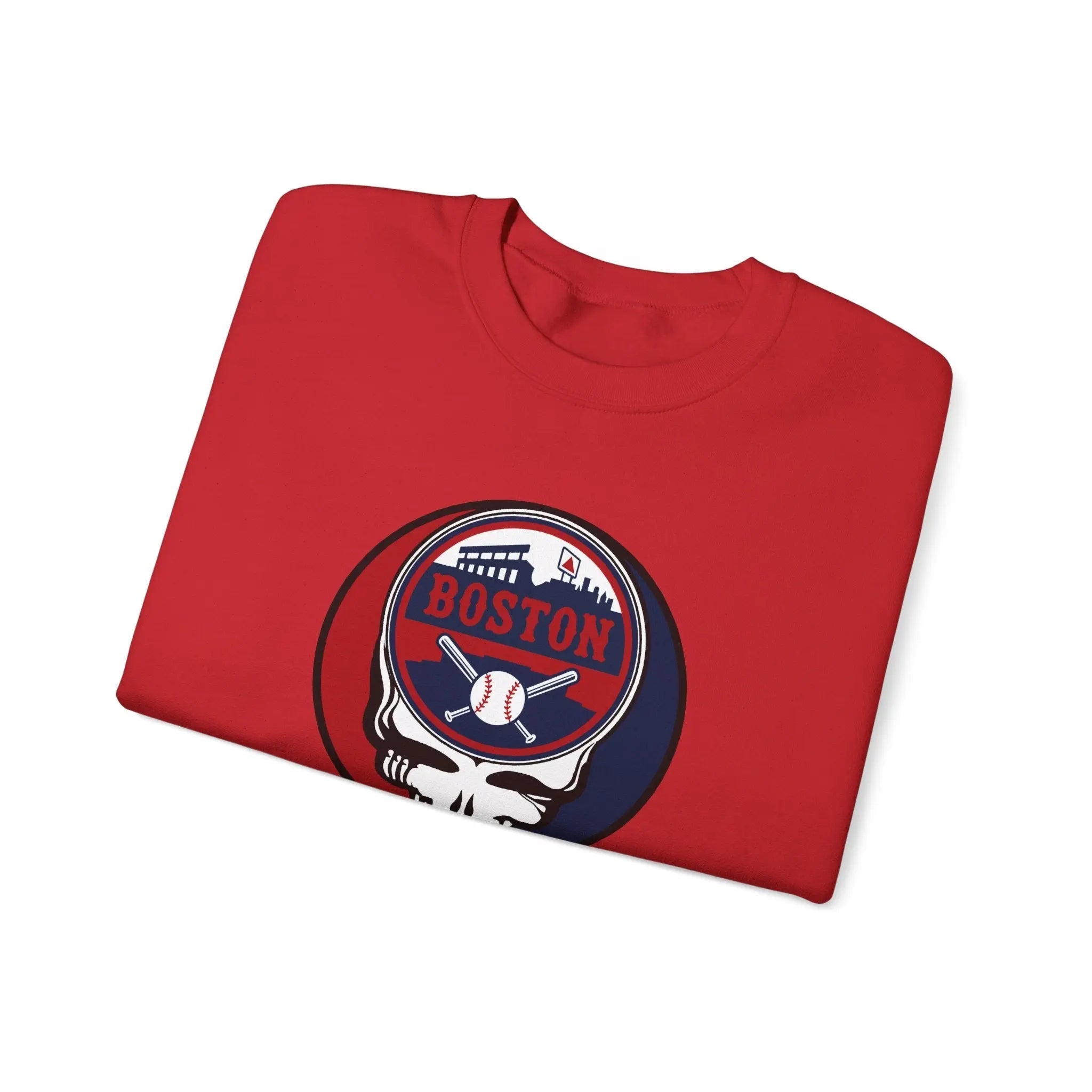 Red crewneck sweatshirt featuring a large circular Boston skull logo