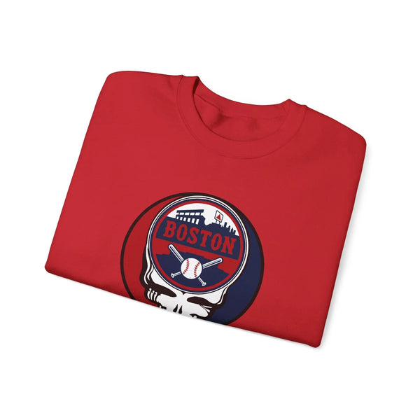 Red crewneck sweatshirt featuring a large circular Boston skull logo