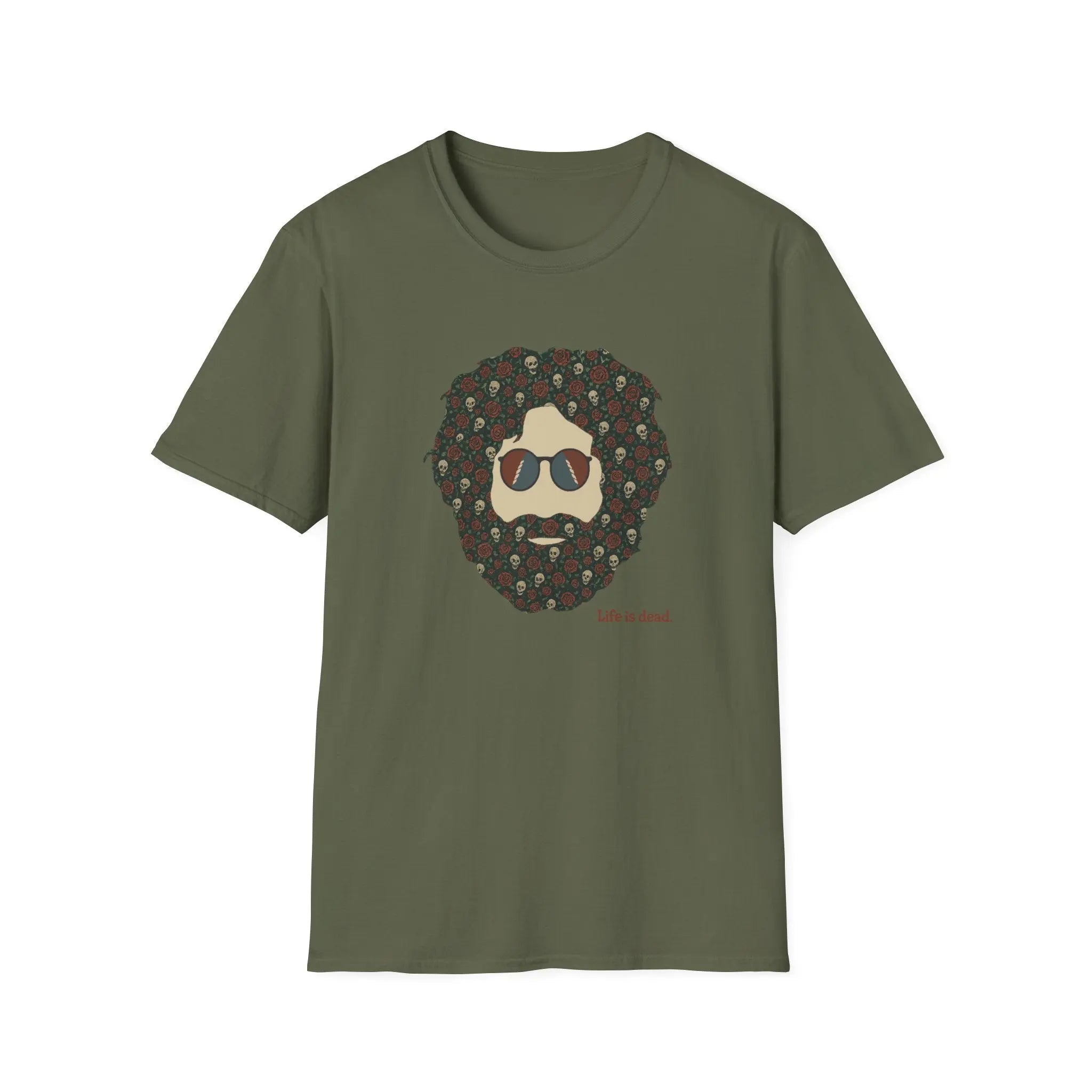 Military green crewneck T-shirt with bearded skull graphic front print
