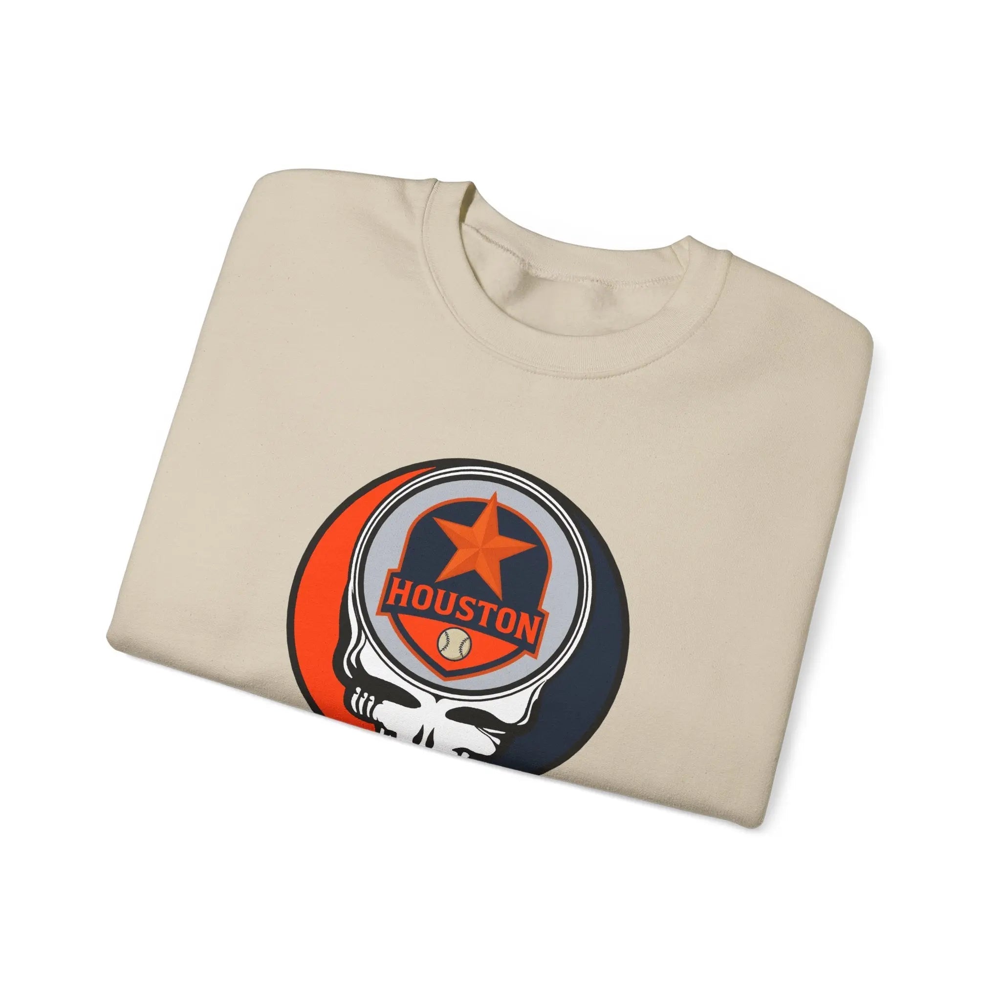 Sand crewneck sweatshirt with Houston Astros Stealie skull logo on chest, angled