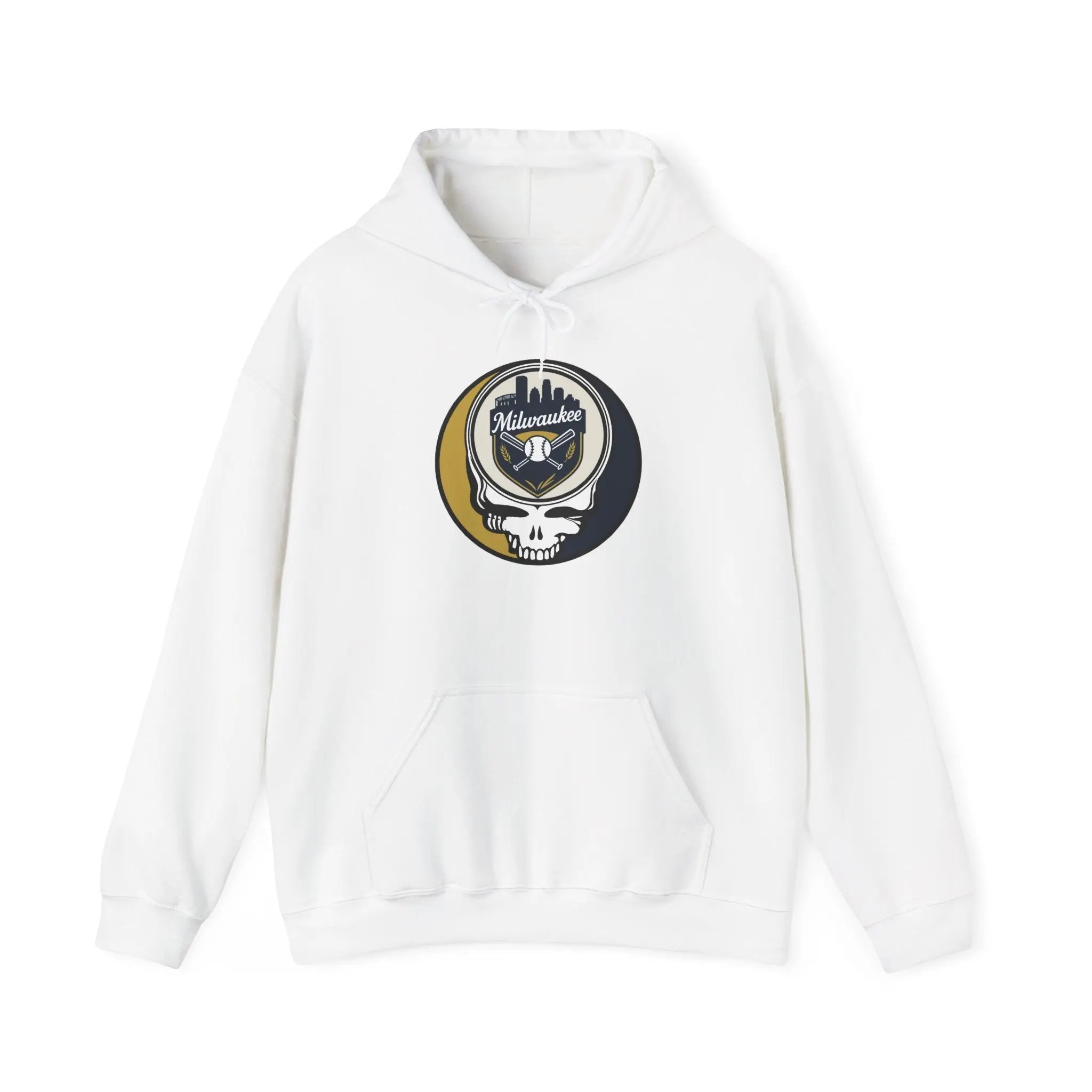 White hoodie with Milwaukee Brewers Stealie graphic and front kangaroo pocket