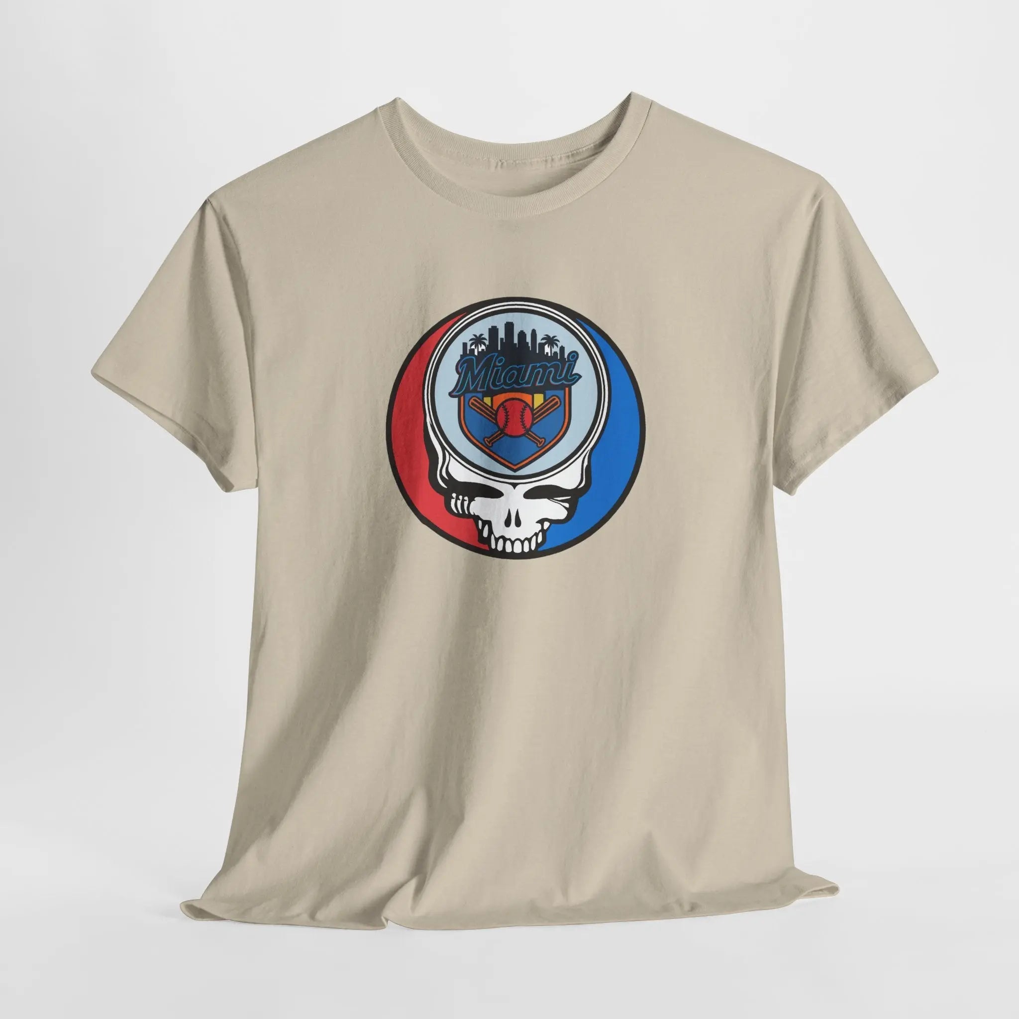 Light beige crewneck graphic T-shirt with circular skull team logo on the chest