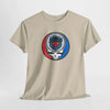 Light beige crewneck graphic T-shirt with circular skull team logo on the chest