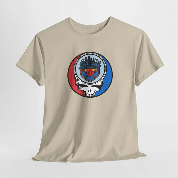 Light beige crewneck graphic T-shirt with circular skull team logo on the chest